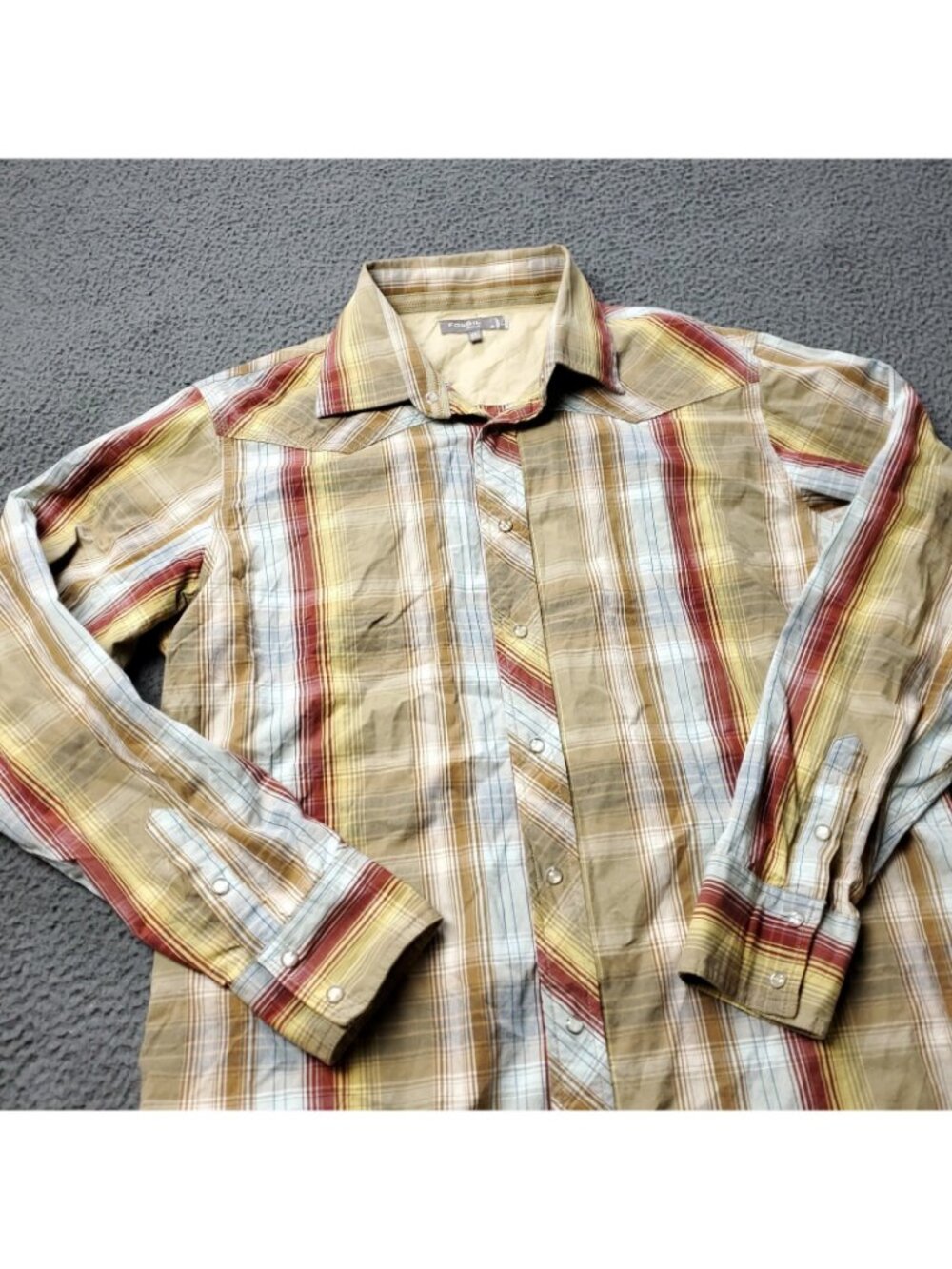 FOSSIL Pearl Snap Shirt Mens XL Long Sleeve Button Plaid Western Striped USA